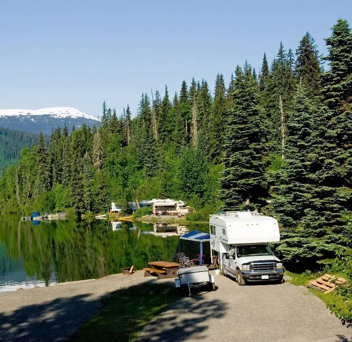 A motorhome parked at the edge of a lake.